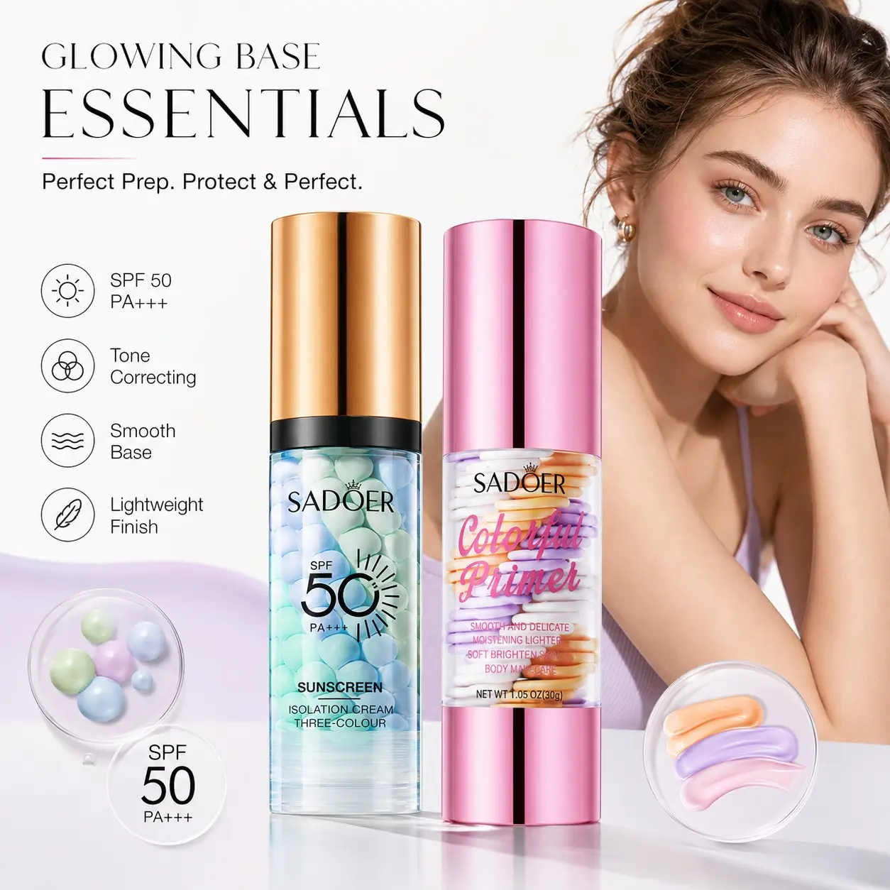Three-In-One Sunscreen Primer, Tinted Facial Sunscreen, SPF 50+ Pa+++, Color Corrector Foundation, Oil Control, Moisturizing, Invisible Pores, Even Skin Tone