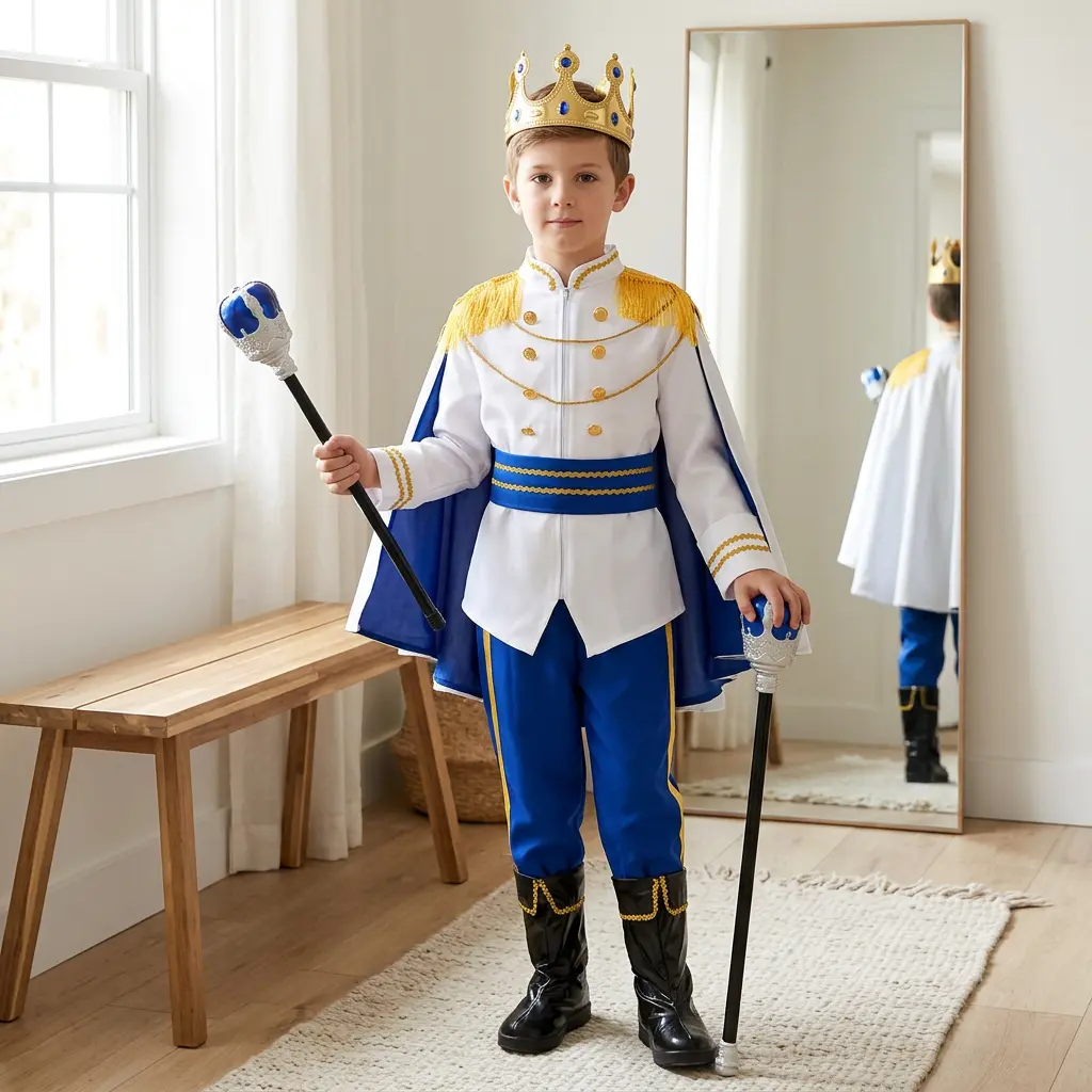 Boys' Royal-Style Festival Costume Set - Lightweight Poly Long Sleeve Tops, Striped Blue Pants, White Cape, Multi-Size Prop 65 Safe Halloween Stage Dress-Up Outfit