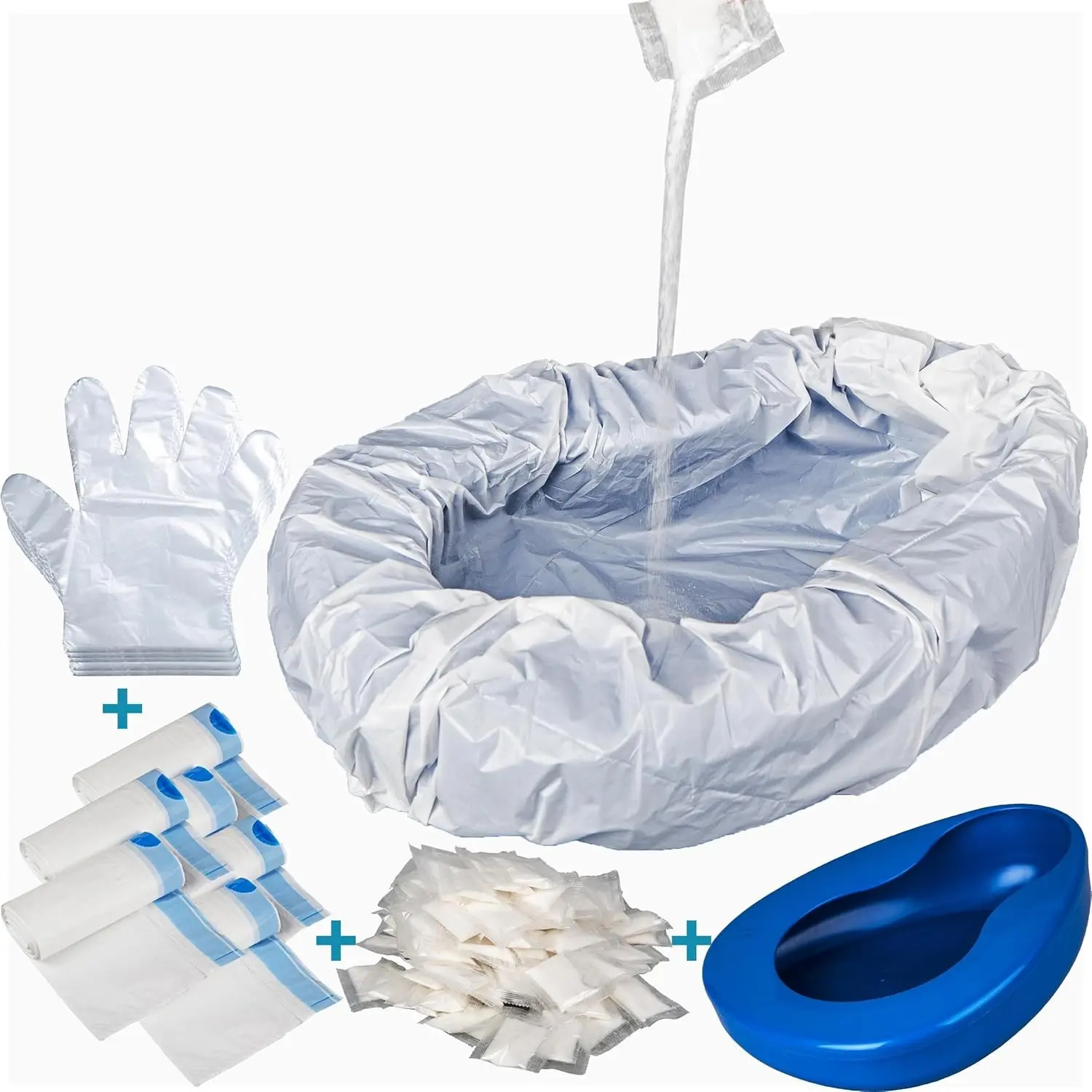 Plastic Contoured Bedpan for Elderly-Adults, Daily Use, Leak-Proof, Wide Guard, Pack with 30 Absorbent Gel Pads and 30 Pull & Tie Disposable Liners