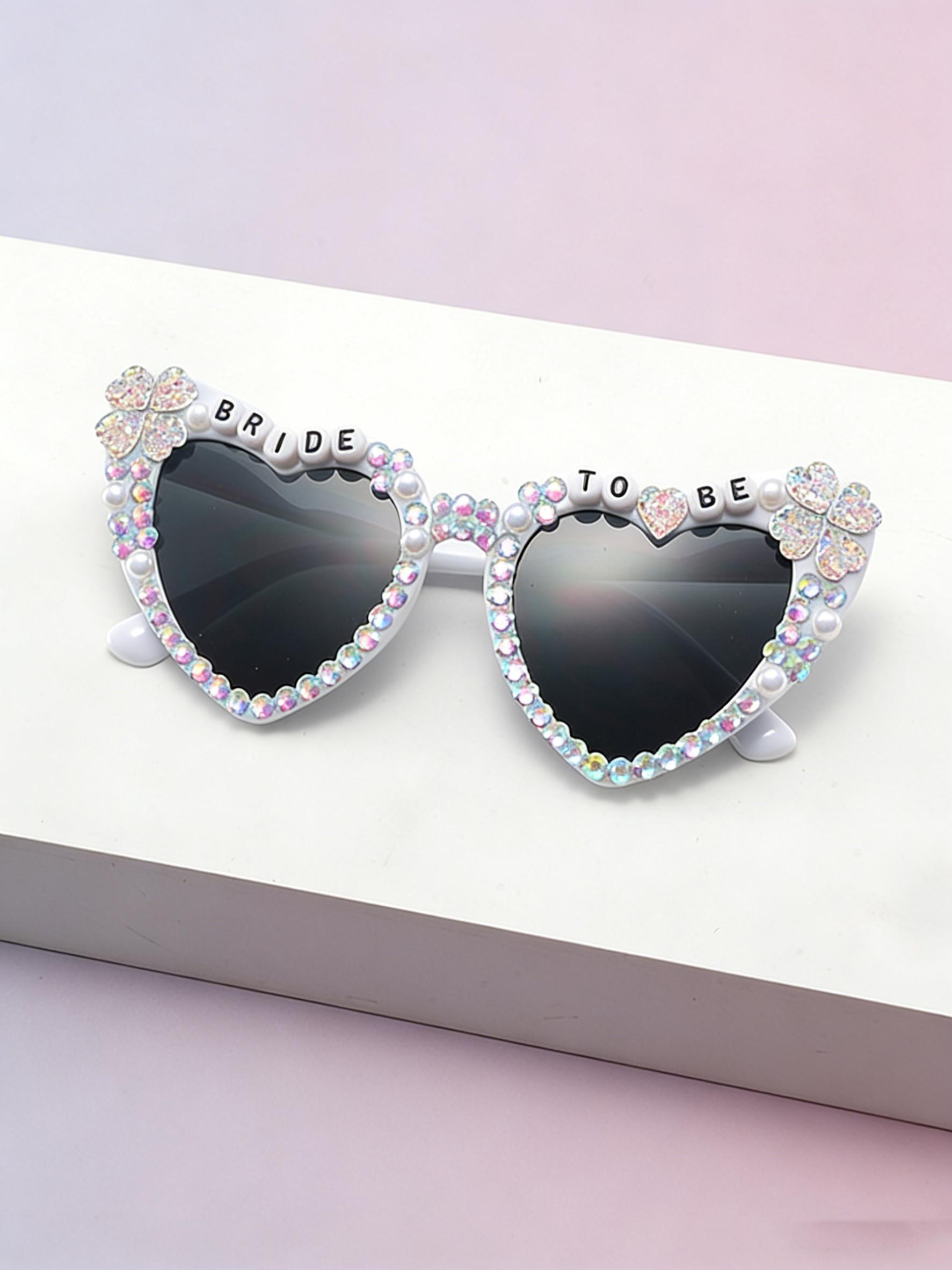 Bride-To-Be Full-Diamond Heart Sunglasses, Pearl Clover Decoration, Pre-Wedding Singles Party Photo Sun Glasses, Elegant Bridal Accessory