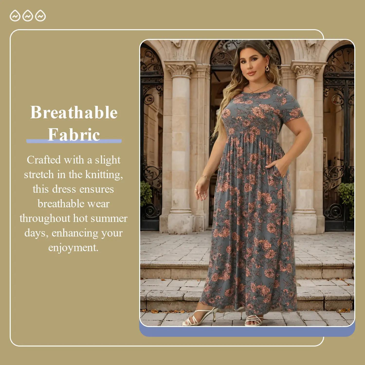 Plus Size Floral Print Short Sleeve A-line Dress with Pockets, Summer Dress, Boho Vintage Dresses for Holiday, Casual Everyday Wear, Modest Dresses