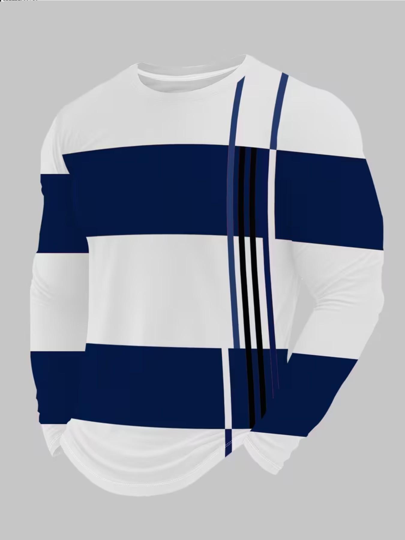 Men's Long Sleeve Crewneck T-Shirt Set, 3-Pack Vintage Colorblock Tees, Casual Geometric Pattern, Fitted H-Type, All-Season Fashion Top