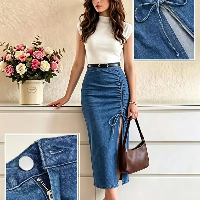 Women's Denim Half Skirt Bottom, Ruched Design, Drawstring Waist Design, Elastic Fit, Stretchy, Perfect for Casual Wear & Daily, Stylish Womenswear, Street Fashion Skirt, Ruched Hem Skirt