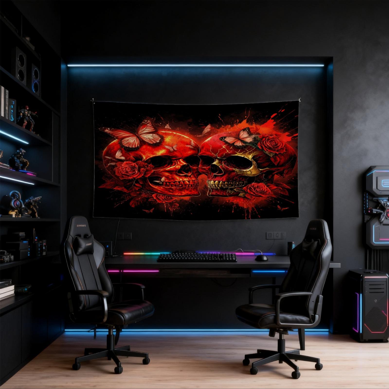Neon Skull & Rose Print Tapestry, Gothic Aesthetic Style, Vivid & Fade-Resistant, Personalized Home Decor, Ideal for Bedroom, Living Room & Dorm, Perfect Keepsake Gift