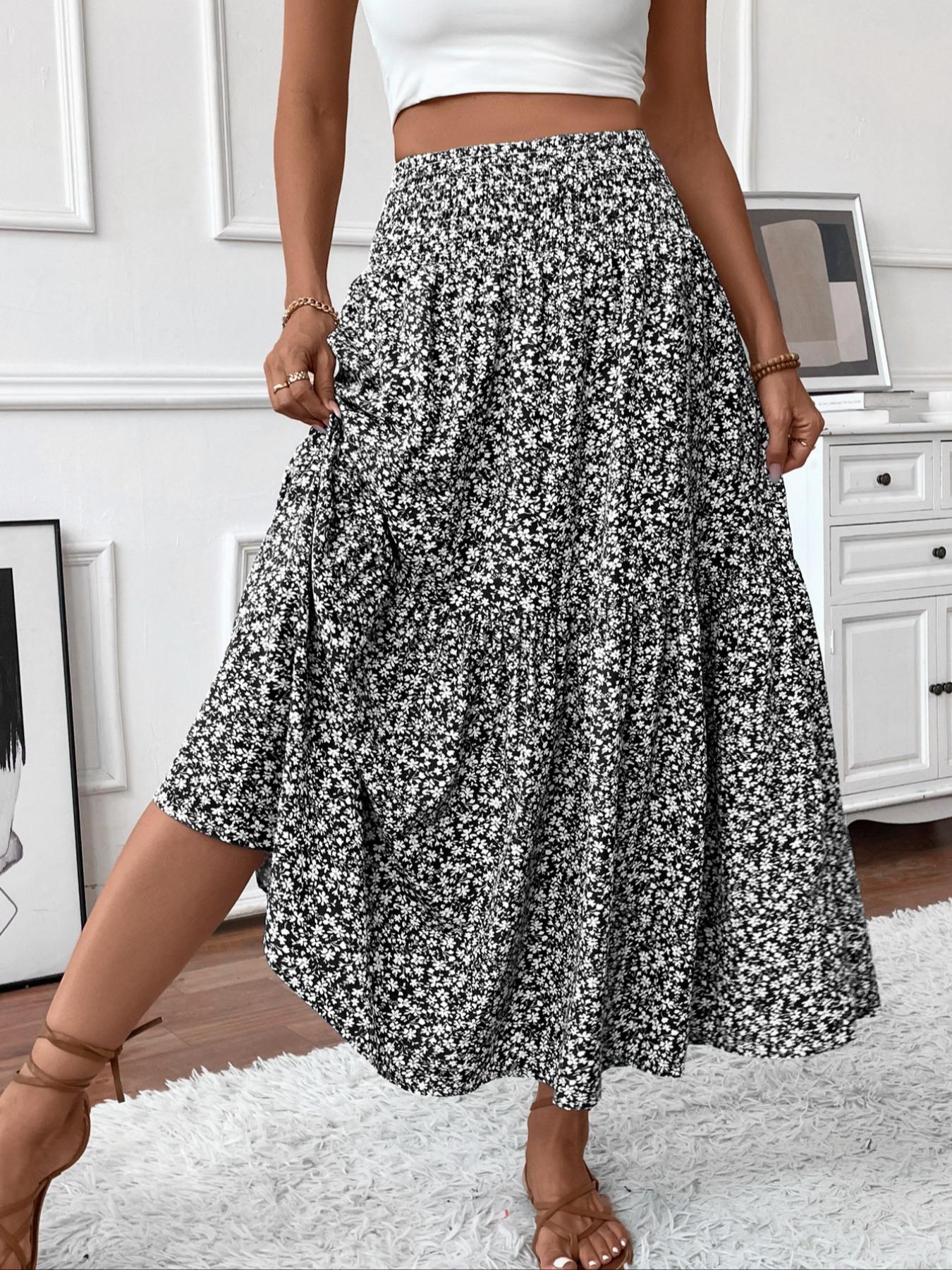 Women's Floral Casual A-Line Ruffled Skirt, Elastic Waist Pockets, Leaf Hem, Long Fitted Skirt, Fashionable Mid-Length Dress