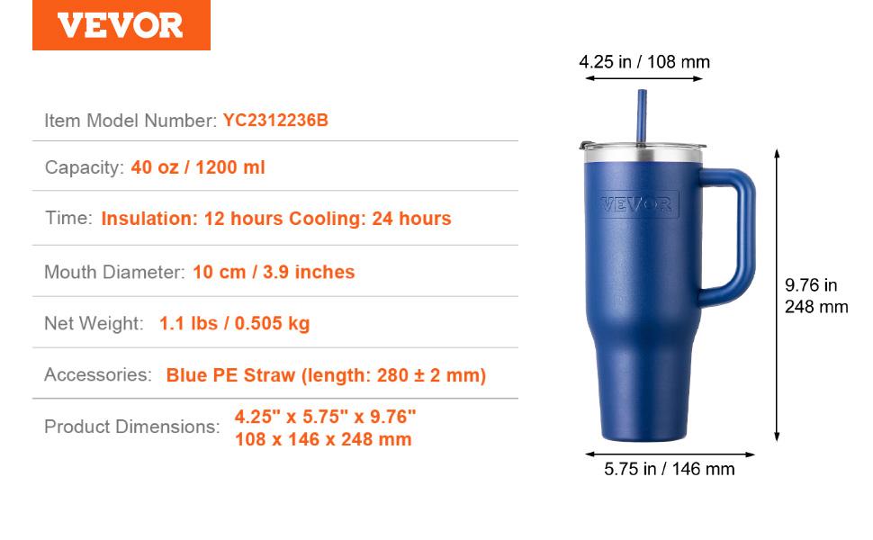 VEVOR 40 oz Insulated Water Bottle, Stainless Steel Sports Coffee Cup with Lid, Handheld Travel Coffee Mug Double Walled, Camping Hydration Flask Leakproof, for Indoor/Outdoor School, Work, Blue
