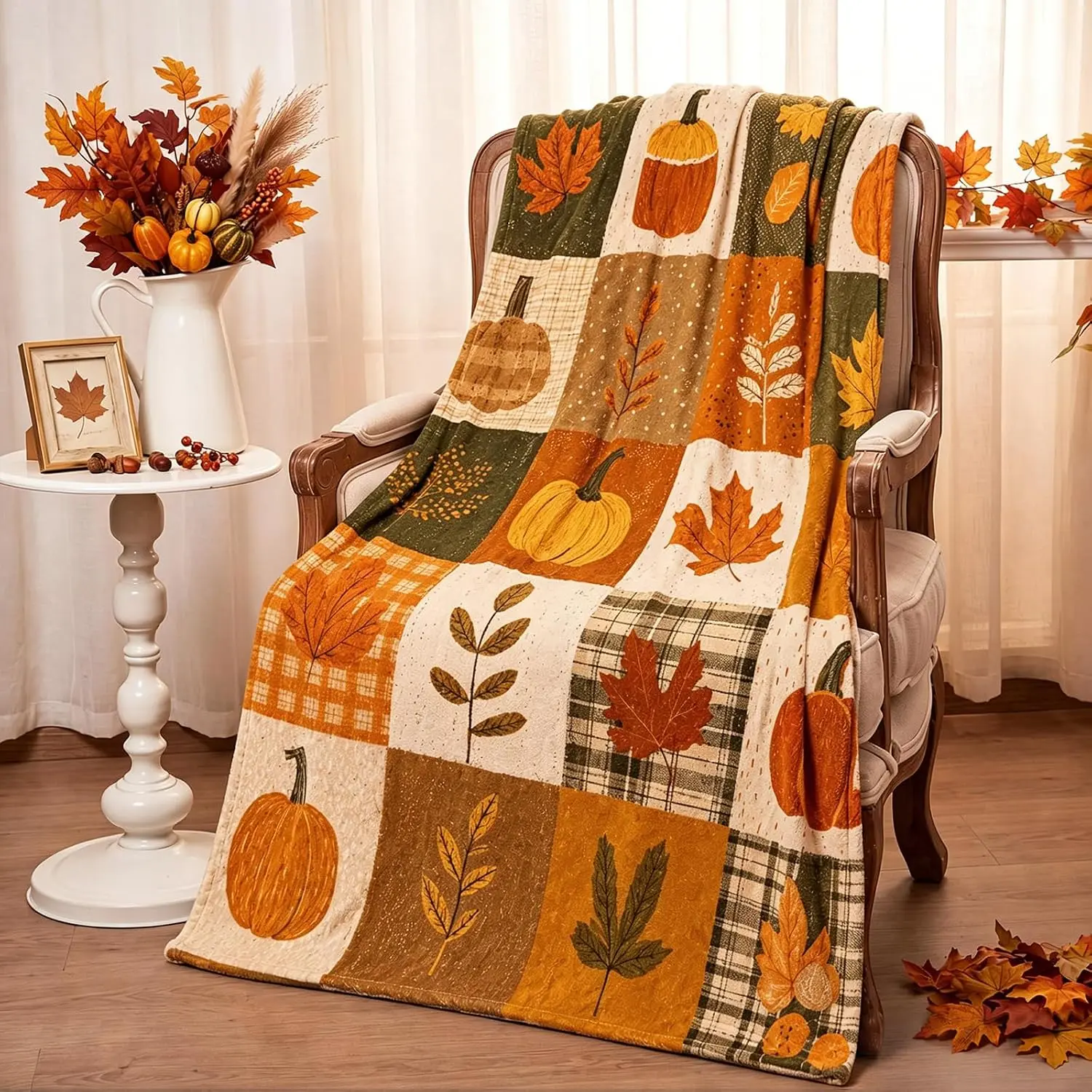 Fall Pumpkin Single-Sided Flannel Blanket, Autumn Maple Leaf Plaid Patchwork Print Soft Cozy Throw Blanket, Lightweight Fleece Blanket for Couch Bed Bedroom, Thanksgiving Farmhouse Harvest Home Decor Gift