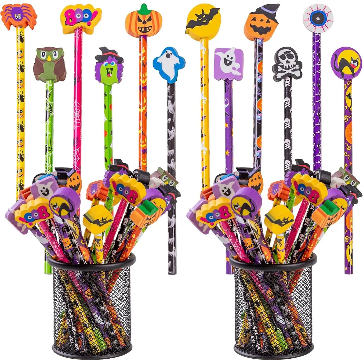 24 count Halloween Pencils  Pumpkin  Pencils with Giant Spider Bat Wizard Pumpkin  Eraser  Designs Halloween Stationery Pencil for Halloween Trick or   Prize Party Favor
