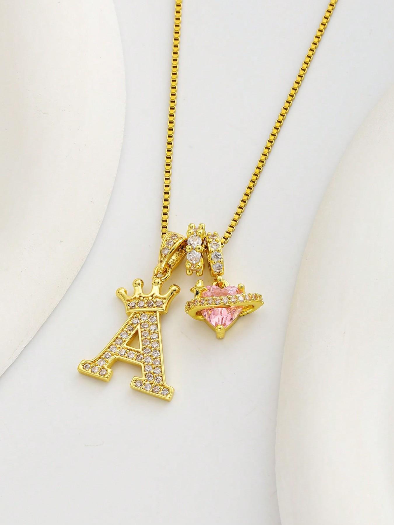 Heart Cz Crown Letter Pendant Necklace, Personalized Initial Alphabet Design, Luxurious Copper Material, Ideal for Daily Wear & Gifts, Heart Shaped Necklace