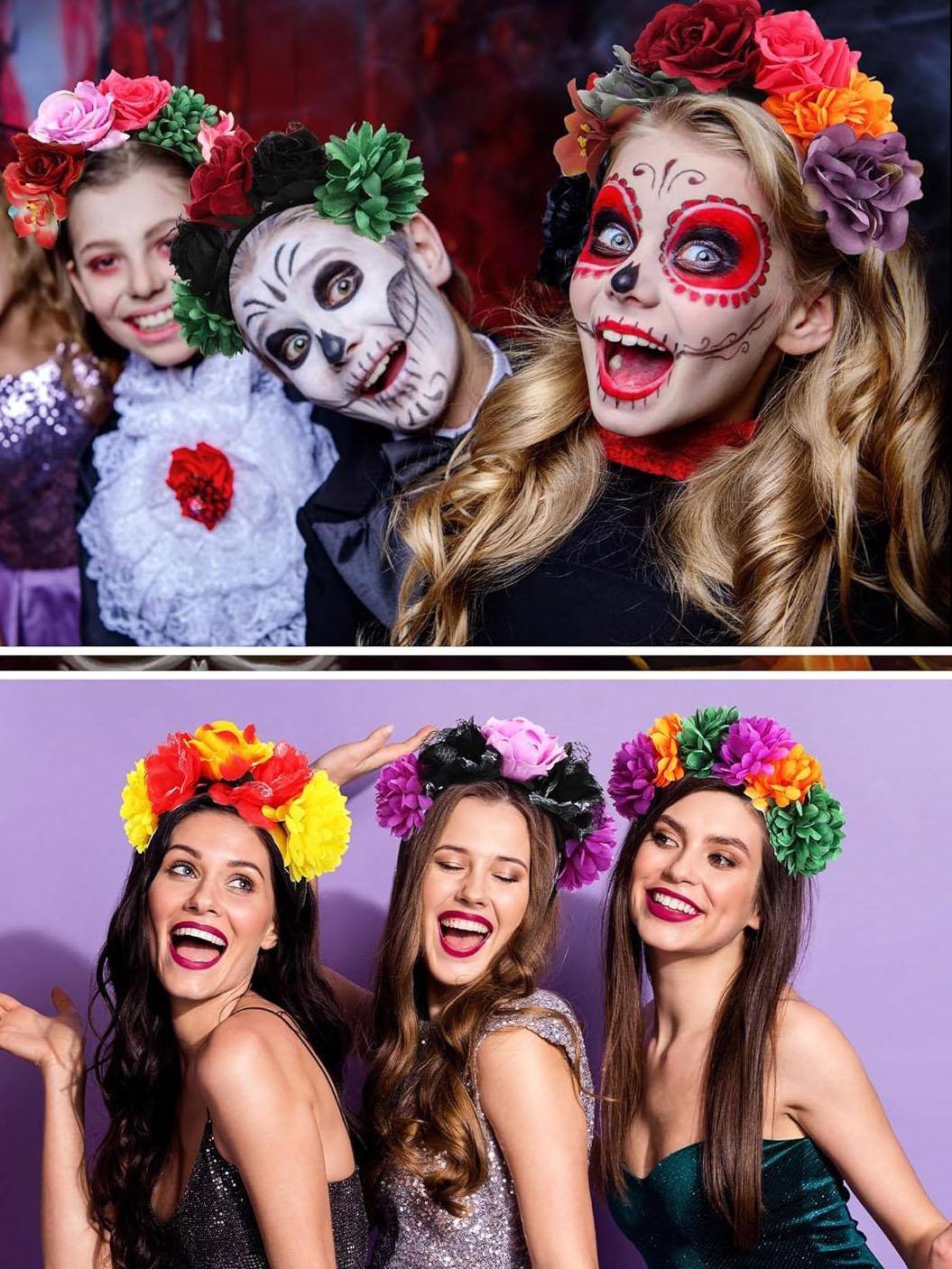 Mexican Flower Headband, Carnival Rose Crown, Party Role Play Halloween Accessory, Bridal Vacation Prop, Double-Sided Floral Hair Band