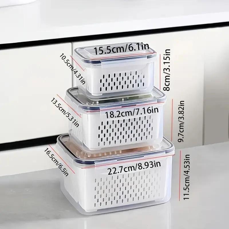 Fruit & Vegetable Storage Box, 3 Counts Double Layer Drainage Box, Kitchen Accessories Storage Organizer, Household Essentials, Kitchen Gadgets, Summer for Gift