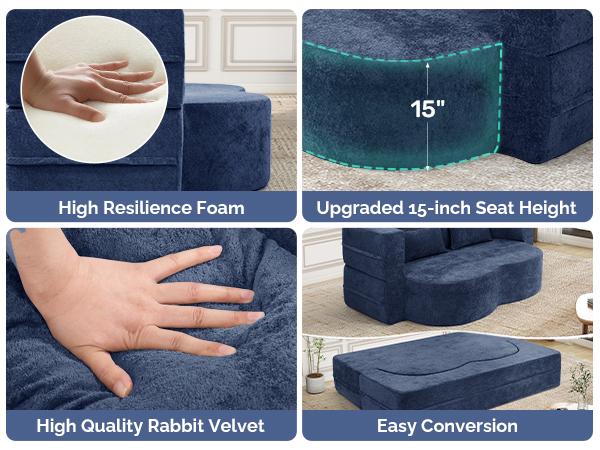 78" Convertible Sofa Bed with Pillows Queen Sleeper Sofa,Foam Folding Mattress Sleeper Modern Teddy Fabric Floor Cushion and Futon Chaise Lounge Sofa,For Apartments,Guest Rooms,Guest Use,Condo,Blue