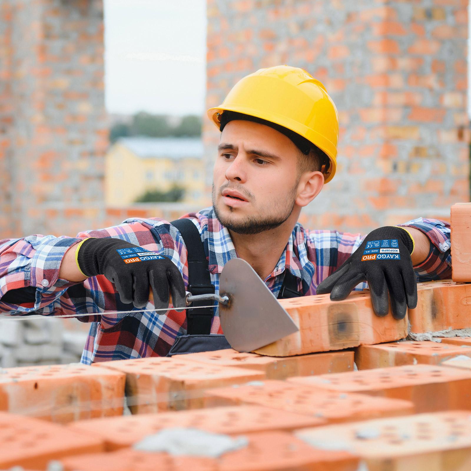 Outdoor Activity Gloves. KAYGO Safety Work Gloves PU Coated for Men and Women- KG11PB,12 Pairs,Seamless Knit Glove with Two Fingers Touchscreen,Ideal for General Duty Work (Large,Black)