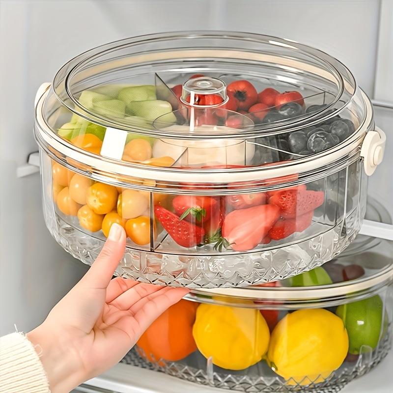 Multi Compartment Divided Serving Tray with Lid & Dip Cup, Rotating Fruit Platter for Party Picnic, Portable Fridge Organizer & Food Storage Container