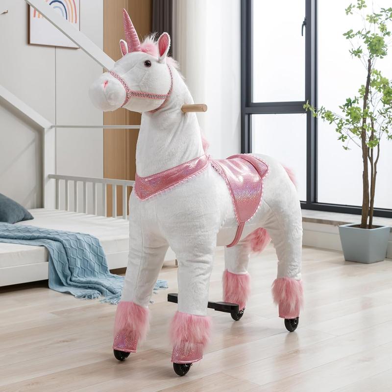 Linor Unicorn Ride on Toy for Girls 4 to 8 Years, Soft Plush Horse Riding with Steering Handle, Weight Capacity 165 LBS, No Batteries or Electricity Cute Play