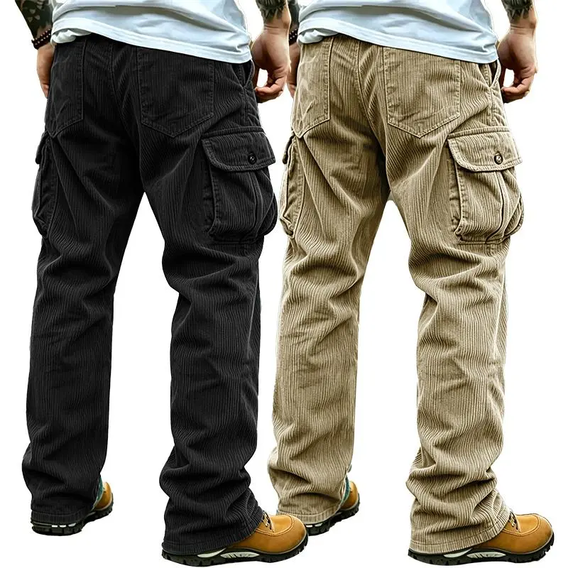 2 Pack Men's Multi‑Color Corduroy Cargo Pants |     Wide Leg Loose Fit Pocket Casual Trousers-Men's Autumn/Winter Clothing