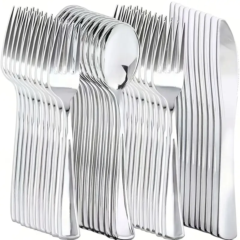 30-piece silver heavy-duty cutlery set, high quality and durable, can be washed and reused multiple times, perfect for weddings, birthday parties, anniversaries, outdoor gatherings, and other occasions.