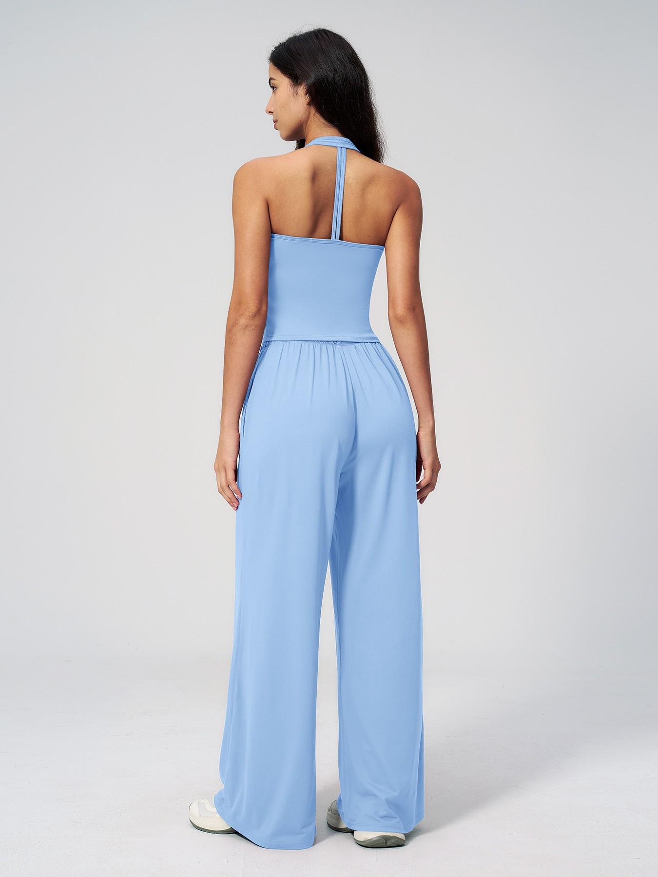 Women's Solid Halter Neck Top & Wide Leg Pants Sports Set, Casual Sleeveless Top & Pants for Daily Outdoor Wear, Ladies Sportswear for Tennis Running, Workout Clothes, Outdoor Sports Clothing Women's Solid Halter Neck Top & Wide Leg Pants Sports Set, Casual Sleeveless Top & Pants for Daily Outdoor Wear, Ladies Sportswear for Tennis Running, Workout Clothes, Outdoor Sports Clothing