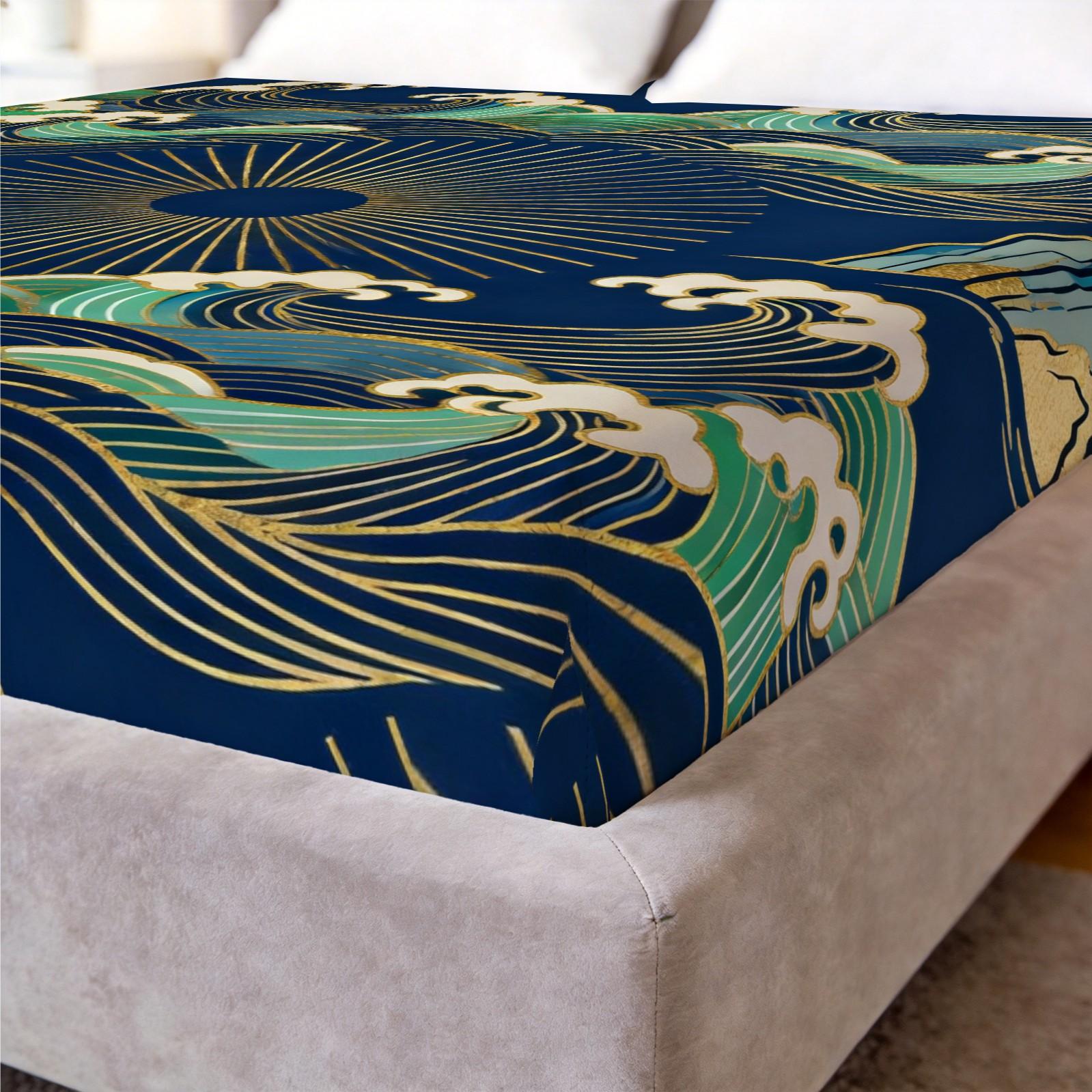 3 Piece Japanese Wave Sun Fitted Sheet Set, Navy Blue Gold Foil Great Wave HD Digital Print Bedding Set, Soft Breathable Deep Pocket Bed Sheet for Bedroom & Dorm, Machine Washable (Insert Not Included)