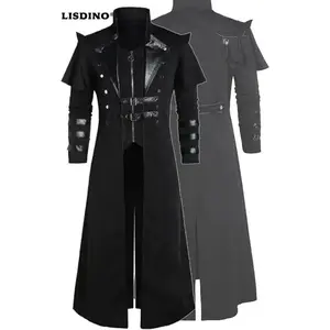 Men's Steampunk Gothic Long Trench Coat Jacket Double Breasted Zipper Punk Tops Cosplay Medieval Costume Black