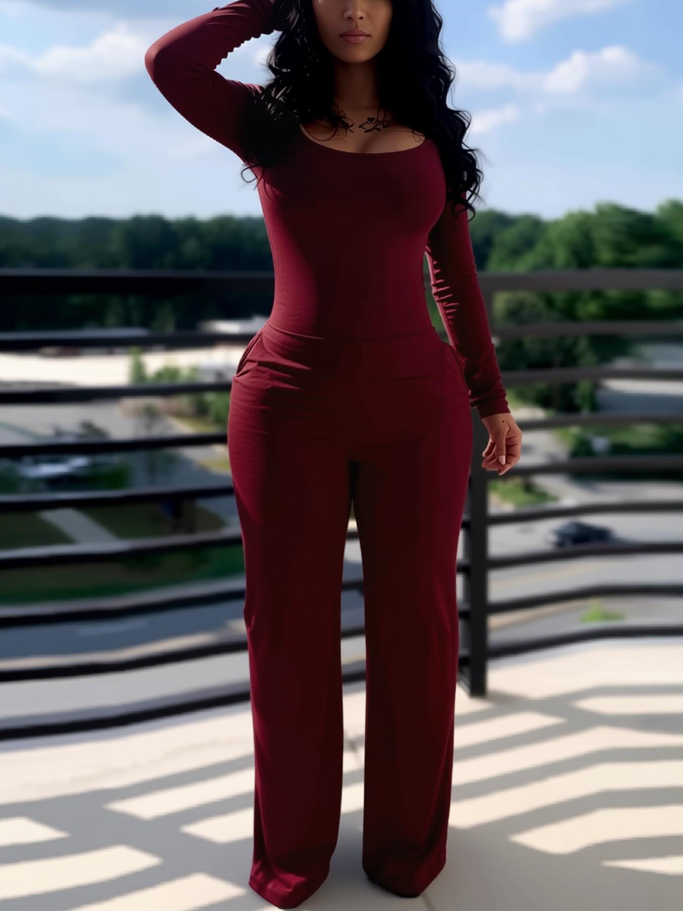 Women's Sexy Fitted Plain Long Sleeve Jumpsuit, Fall & Winter Fashion, Low Neck Pocket Design, European Style, Casual Wear