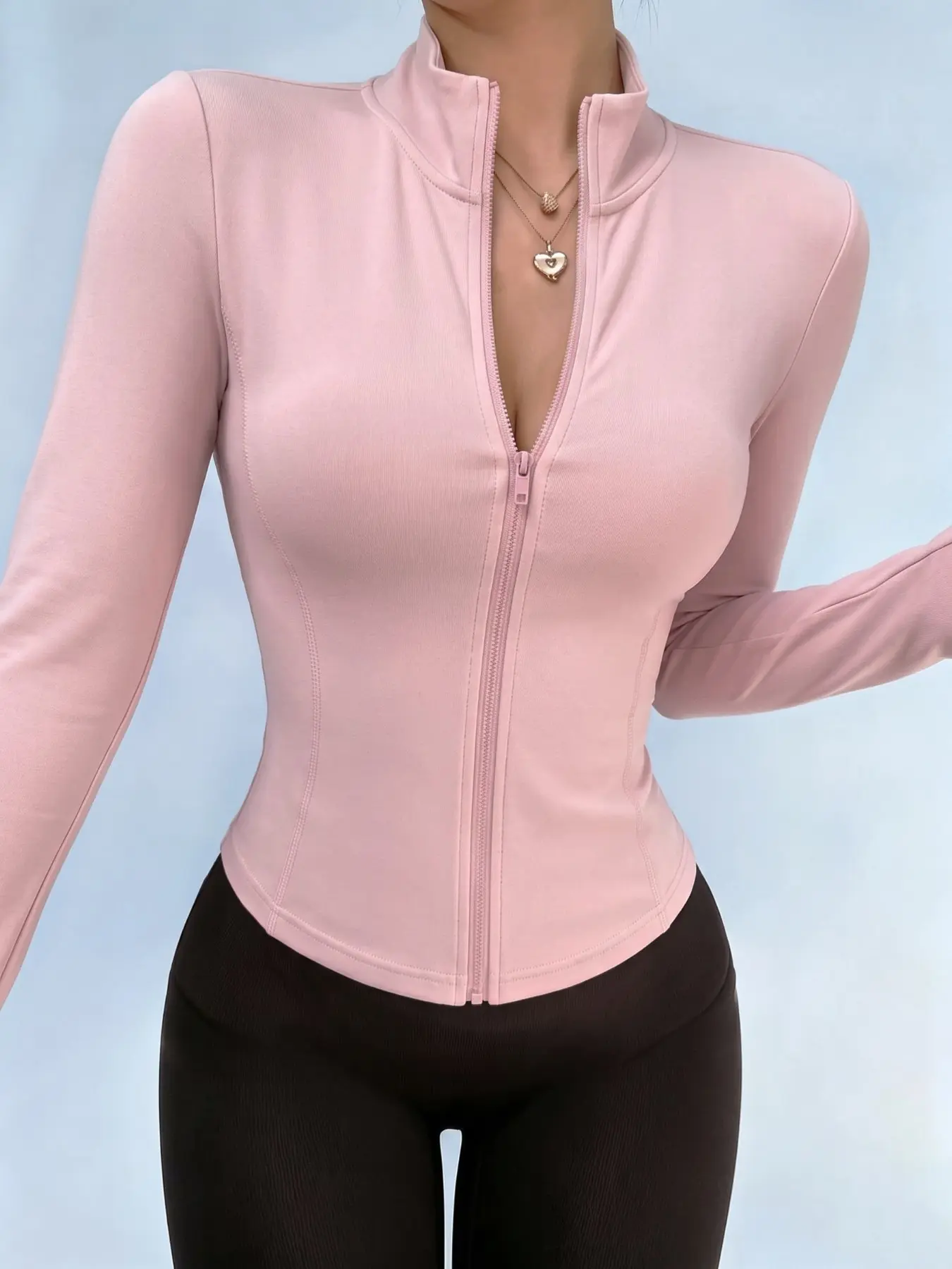 Full Zip High Neck Snatched Waist BBL Workout Yoga Jacket Slim Fit Long Sleeve Activewear Top, Stretchy For Gym Outdoor Casual Daily Wear, Hourglass Figure Shaping Athletic Zip Up Jacket, Figure Hugging Curvy Sculpting Slimming Sport Jacket For Ladies