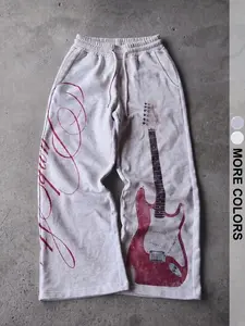 Men's Long Pants with Guitar Print, Street Style, Casual, Ankle Length, Slim-Fitting, Drawstring Waist, Spring & Fall Fashion