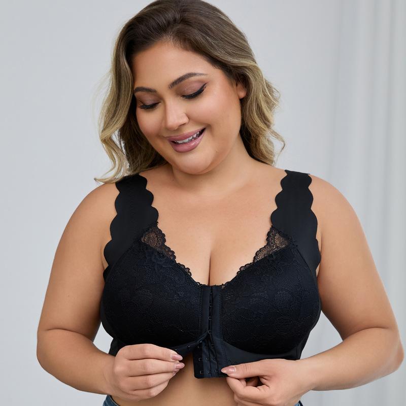 SERACAL 1 Piece Women's Plus Size Floral Lace Front Buckle Wireless Push Up Bra Thin Three Quarter Cup Underwear for Daily Wear