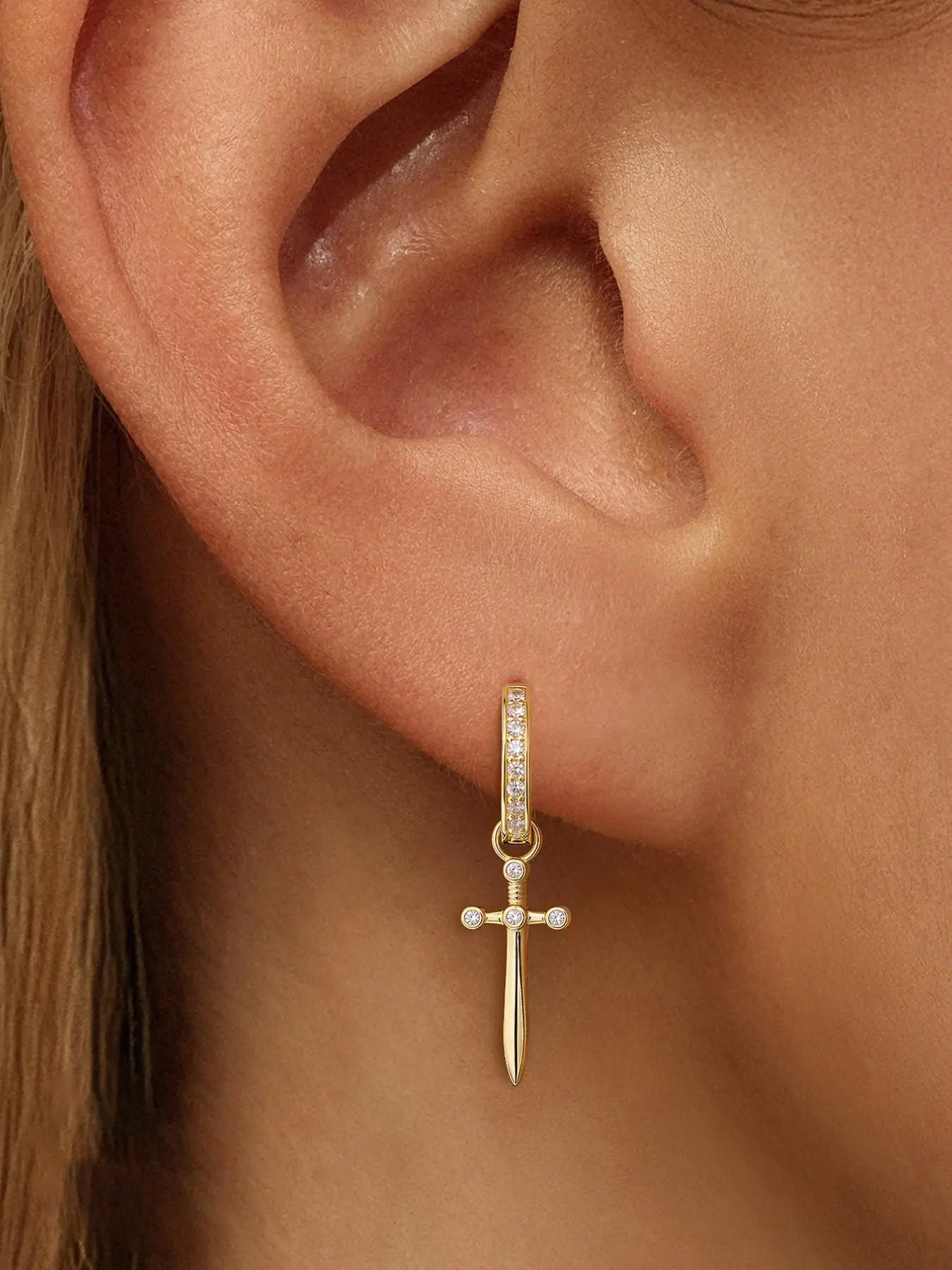18K Gold Plated S925 Sterling Silver Dagger Earring | 1PC Sparkly CZ Diamond Sword Drop Dangle Stud | Tarnish-Free Shower Safe Celestial Gothic Stacking | Hypoallergenic Cartilage Helix Lobe Edgy Jewelry Gift
