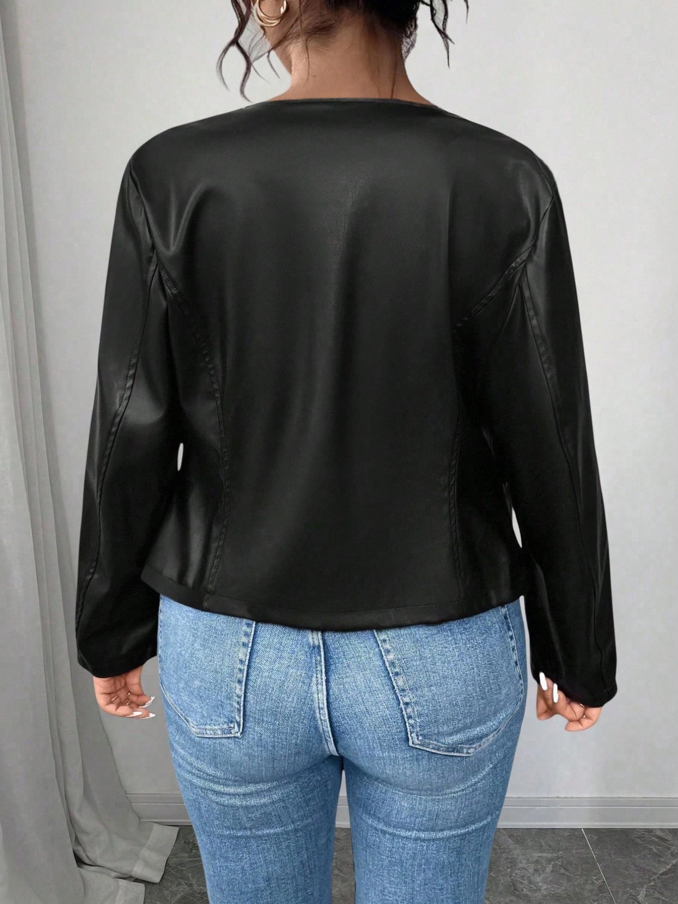 Plus Size Women’s PU Leather Jacket, Stylish Zip Up Faux Leather Coat, Classic Long Sleeve Outerwear for Casual, Streetwear, Weekend and Everyday Fashion
