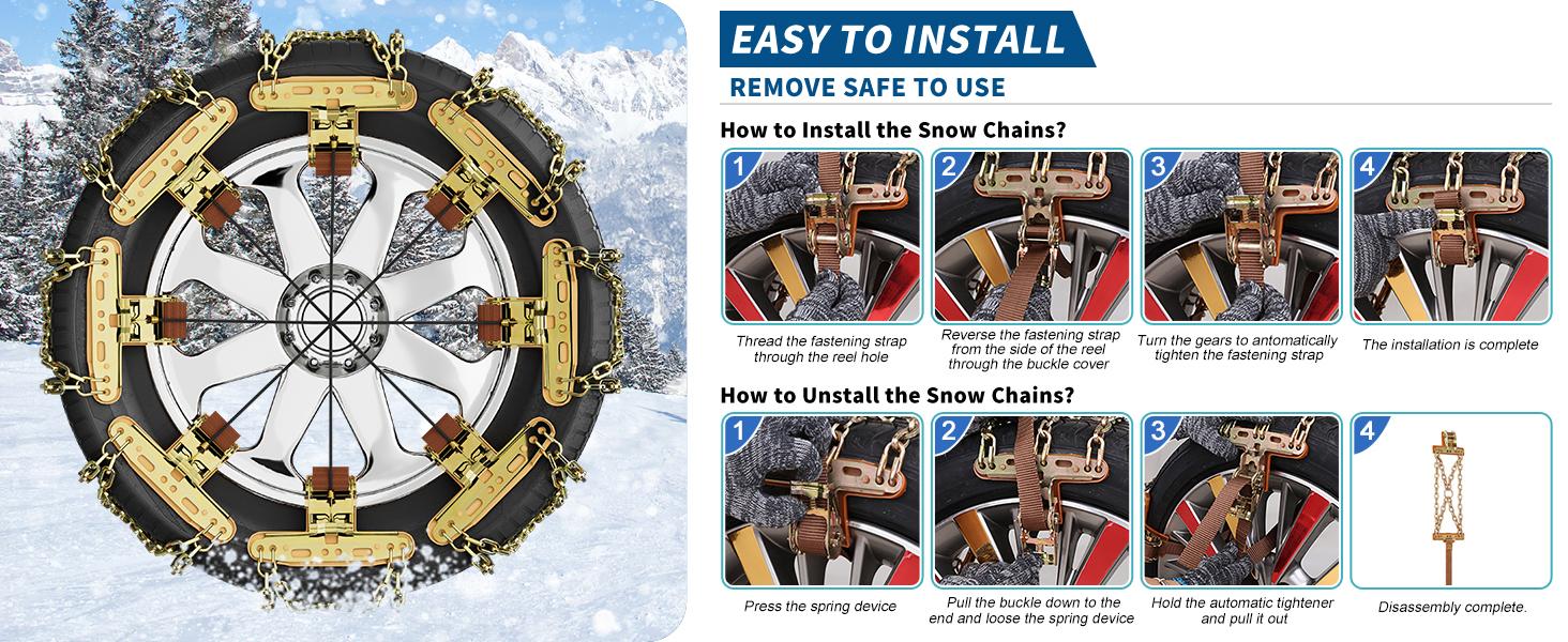 Lilypelle Upgraded Snow Chains 10 Pack,Tire Chains for Cars/SUVs/Pickup Trucks,Security Chains,for Tire Width 215-285 mm,Easy Installation & Durability