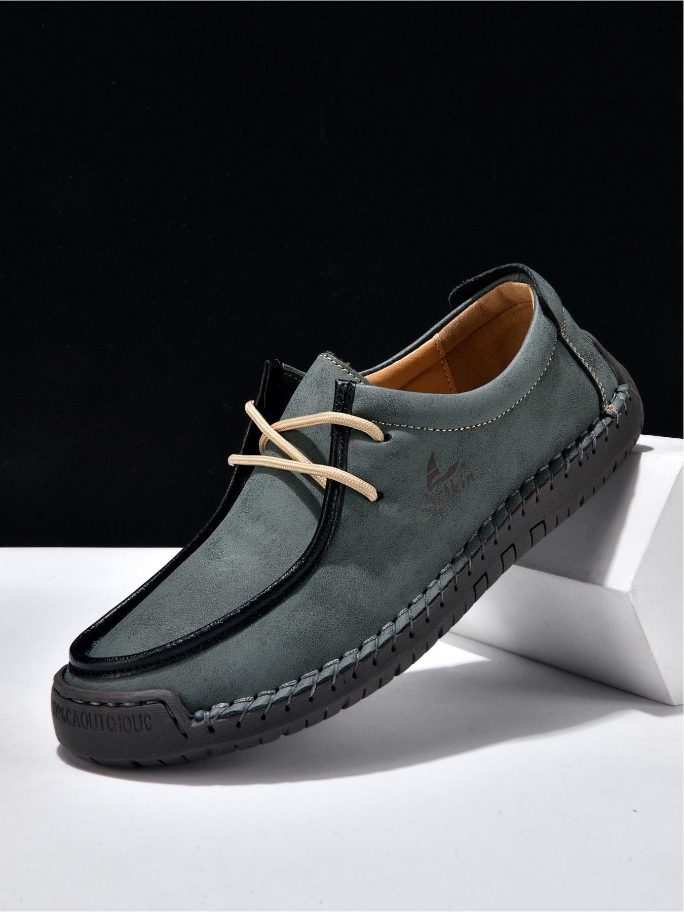 Men's Black Hand-Stitched Casual Shoes, Soft Sole Non-Slip Slip-On Driving Shoes, Dad Shoes