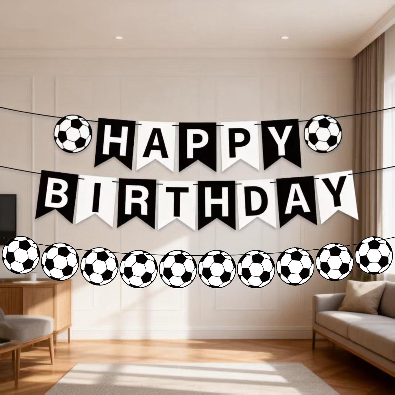 2pcs Soccer Banner Happy Birthday Decor, Football Fan Party Decoration, Sports Theme Pull Flag, Background Wall Decor for Boys