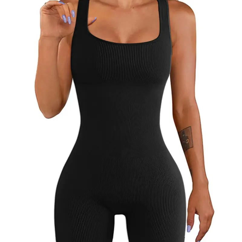 Women's Seamless Ribbed Sport Jumpsuit, Waist Cinching Bodycon Four-Way Pants, Daily Wear Shapewear Tight Fitting Jumpsuit for Women