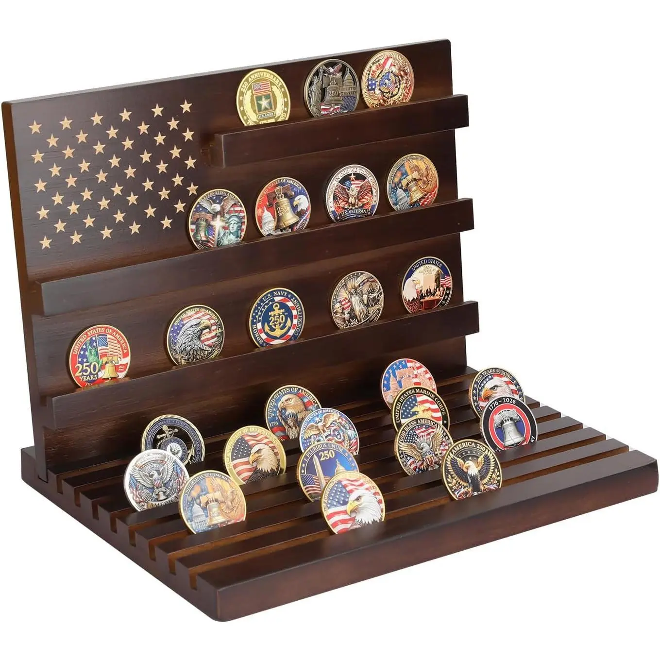 Challenge Coin Display，Military Challenge Coin Holder, Display Rack Solid Wood for Army Coin Collection，Solid Wood 12 Rows Holds 80 Coins, Deep Grooved Design，Coin Rack Display Military (Walnut)