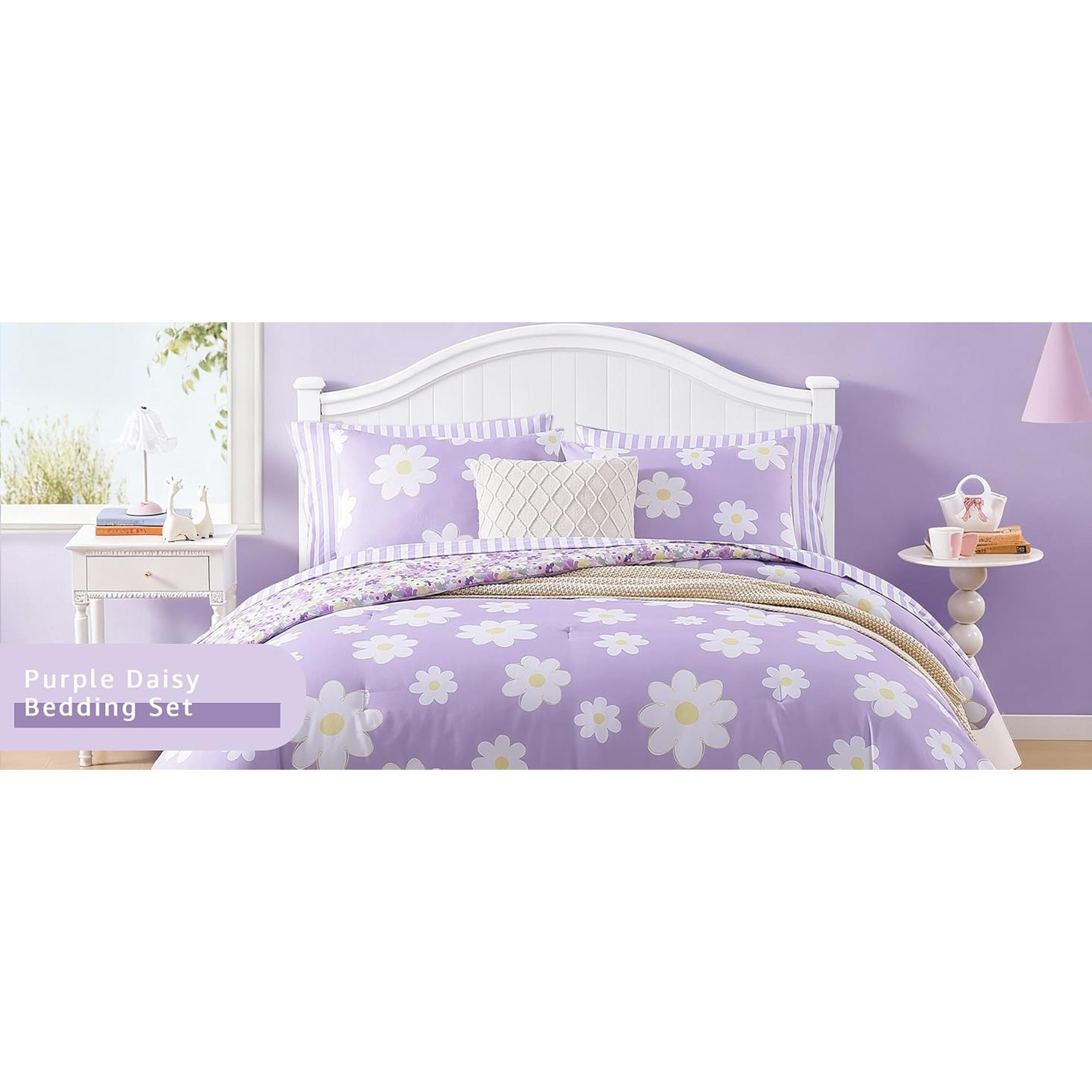 Full Size Comforter Set for Girls Purple Daisy 7 Pieces Bed in a Bag | Reversible Floral All Season Bedding Sets with Sheets, Pillowcase & Sham