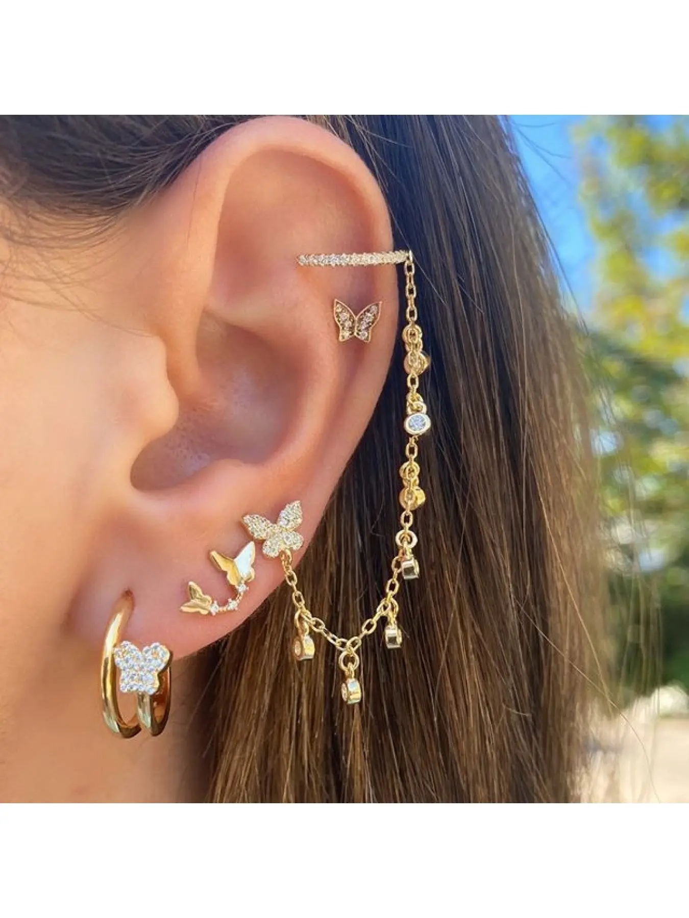 4Pcs Gold Butterfly Cubic Zirconia Ear Cuff with Chain Earrings Set for Women, Rhinestone Stud & Huggie Hoop Stackable Ear Pack, Dainty Y2K Fairy Style Jewelry, Sparkling Ear Jewelry for Daily Wear Vacation Festival Party Birthday Gift