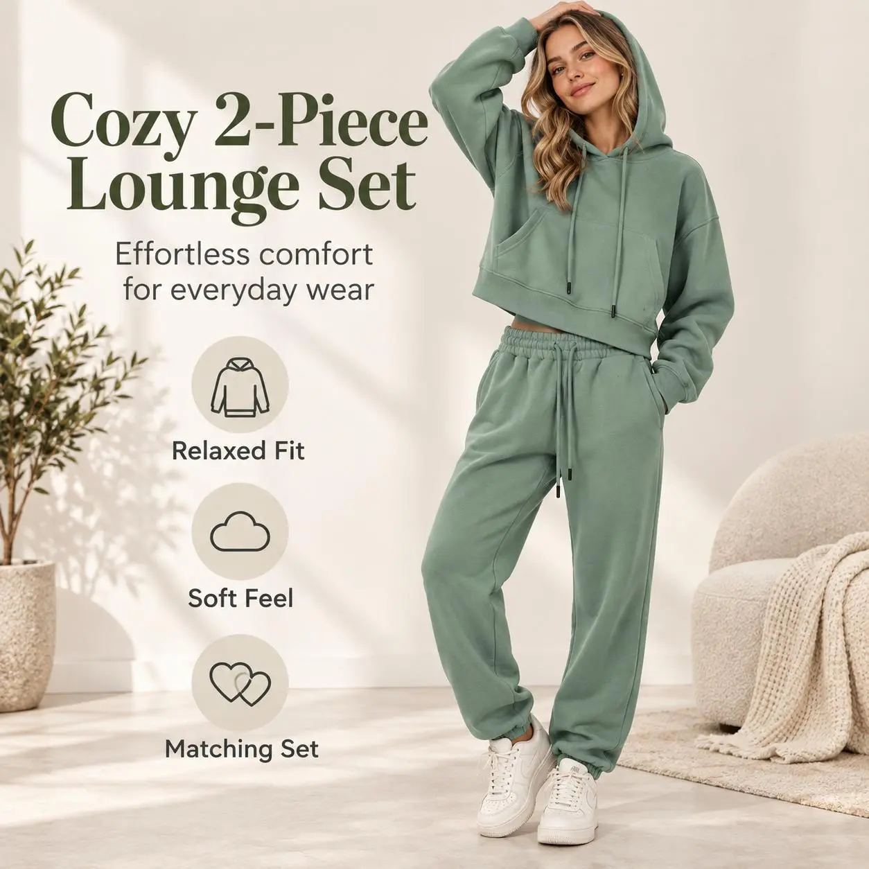 Women's 2 Piece Lounge Set, Cropped Hoodie & Jogger Pants Matching Sweatsuit, Soft Comfy Casual Tracksuit with Pockets, Drawstring Elastic Waist, Fall Winter Travel Outfit, Athleisure Streetwear Set for Women, Cozy Everyday Matching Outfit