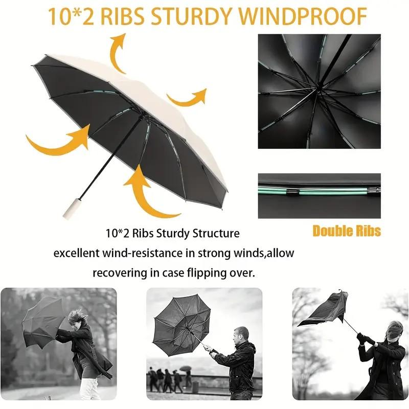 Double 10 Bone Reverse Automatic Umbrella, Reflective Strip Safety Folding Umbrella, Sun Rain Two-Use Anti-Bounce Shade Umbrella, Lightweight Foldable Umbrella, Portable Folding Umbrella, Sunshade Umbrella