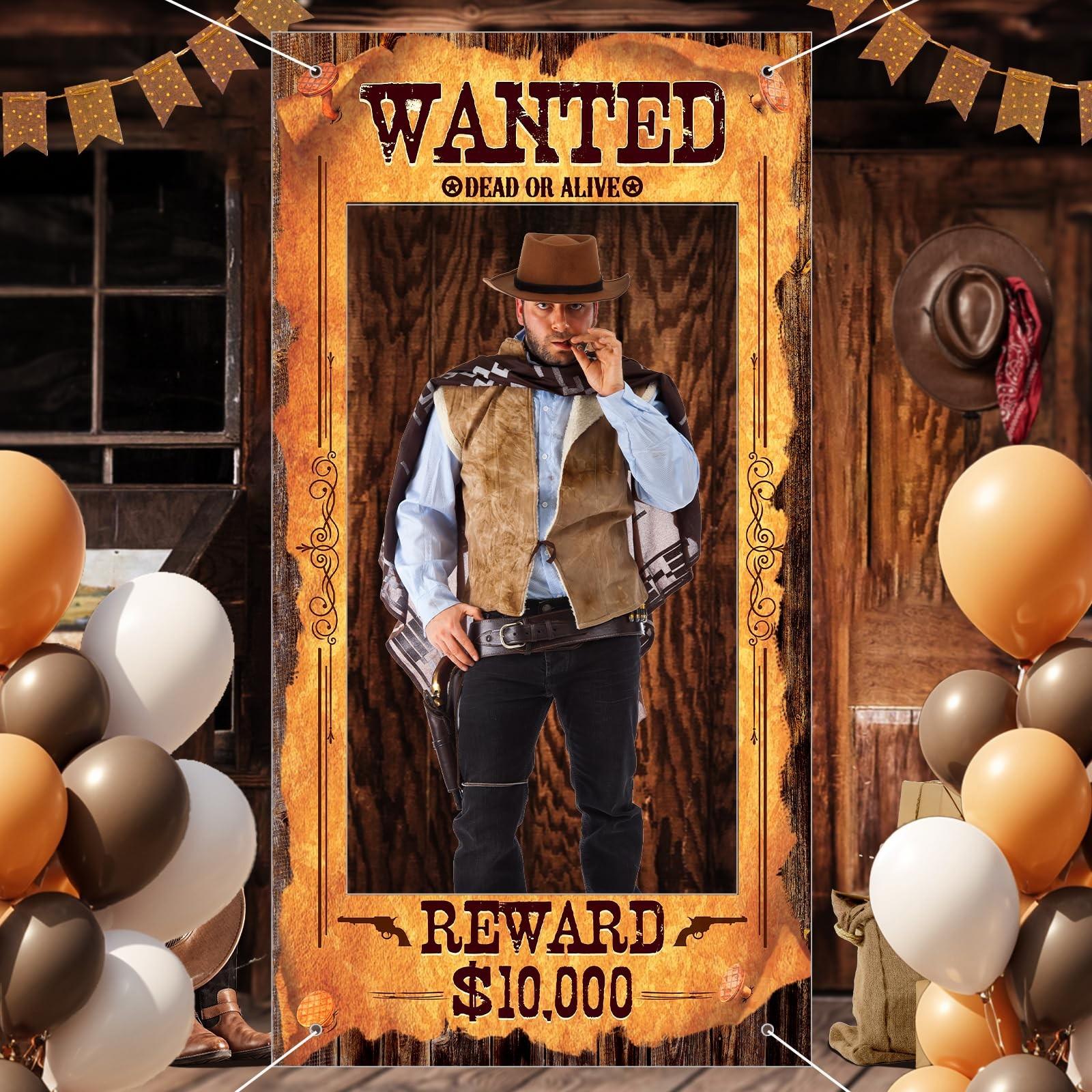 Large Cowboy Party Decorations Banners Western Wanted Photo Banner Fun Frame Prop Wild West Selfie Banner for Birthday Game Party Vintage Country Decor