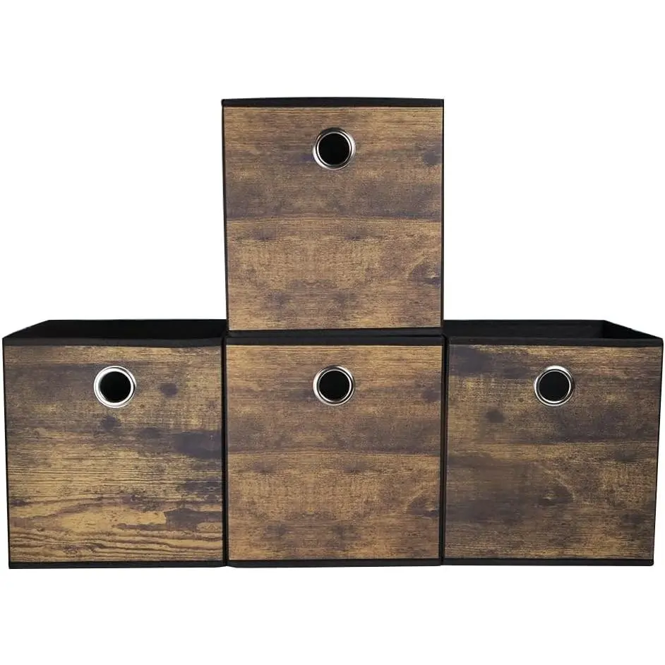 4 Pack Durable Storage Cube Bins with Wood Grain,Thickened Fabric Box,Storage Baskets for Open Shelf,Bookcase,Closet,Storeroom,Bedroom,Living Room,Nursery,Office,Dorm, 10.2x10.2x11in (Small)
