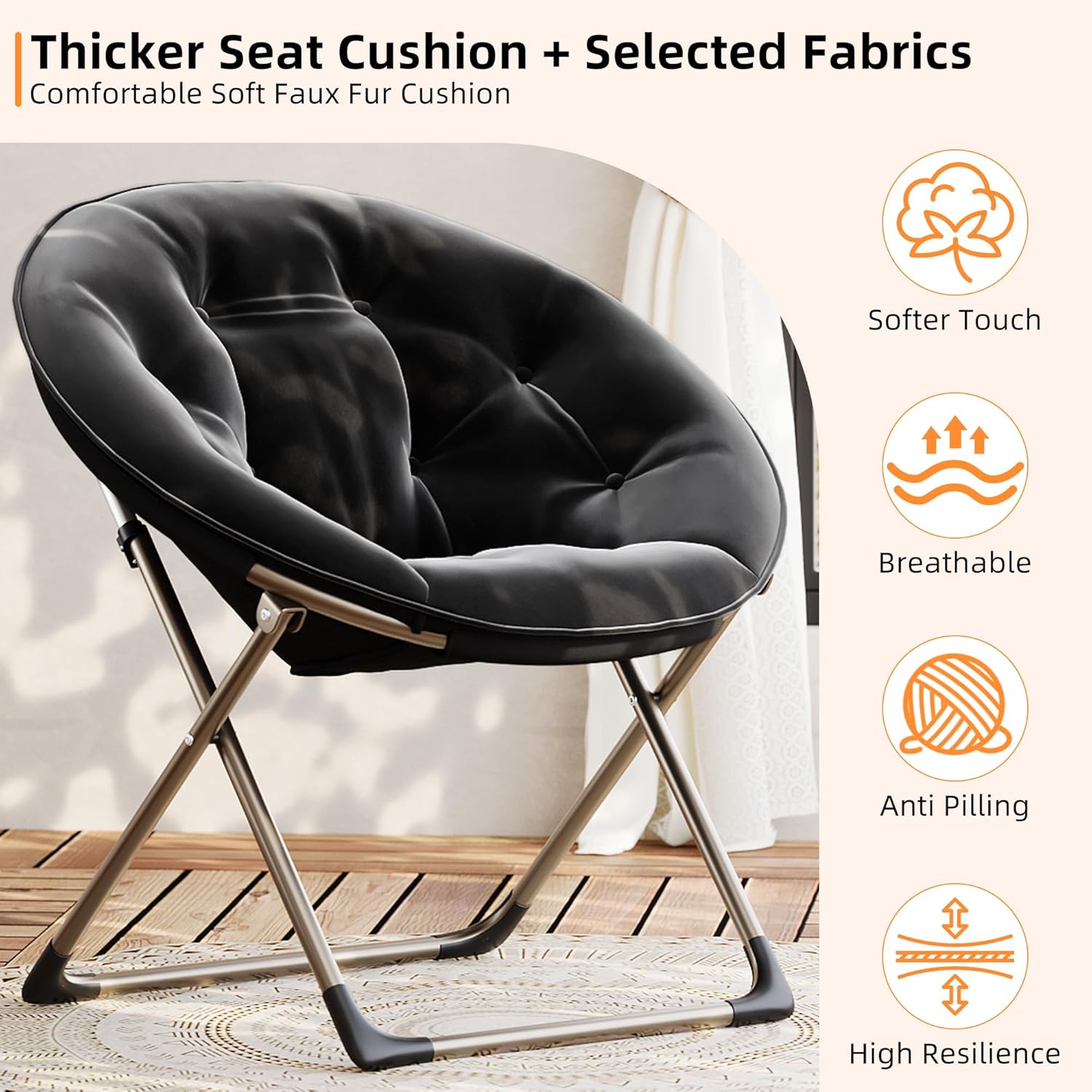 Comfy Oversized Saucer Chair, Soft Faux Fur Folding Moon Chair, Thick Padded Reading Lounge Chair with Stable Metal Frame for Living Room, Dorm, Office