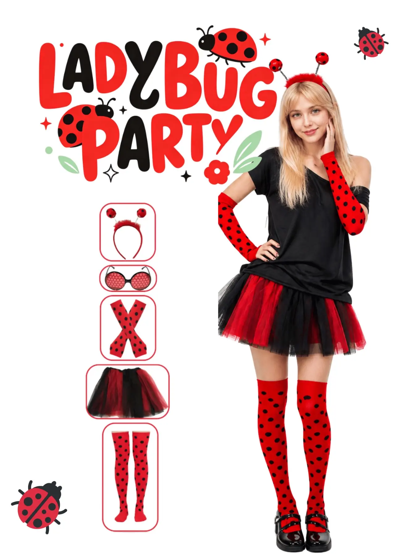 Ladybug Theme 5-Piece Costume Set, Includes Antenna Headband, Mesh Glasses, Polka Dot Sleeves, Skirt, Over-Knee Socks, Halloween Cosplay