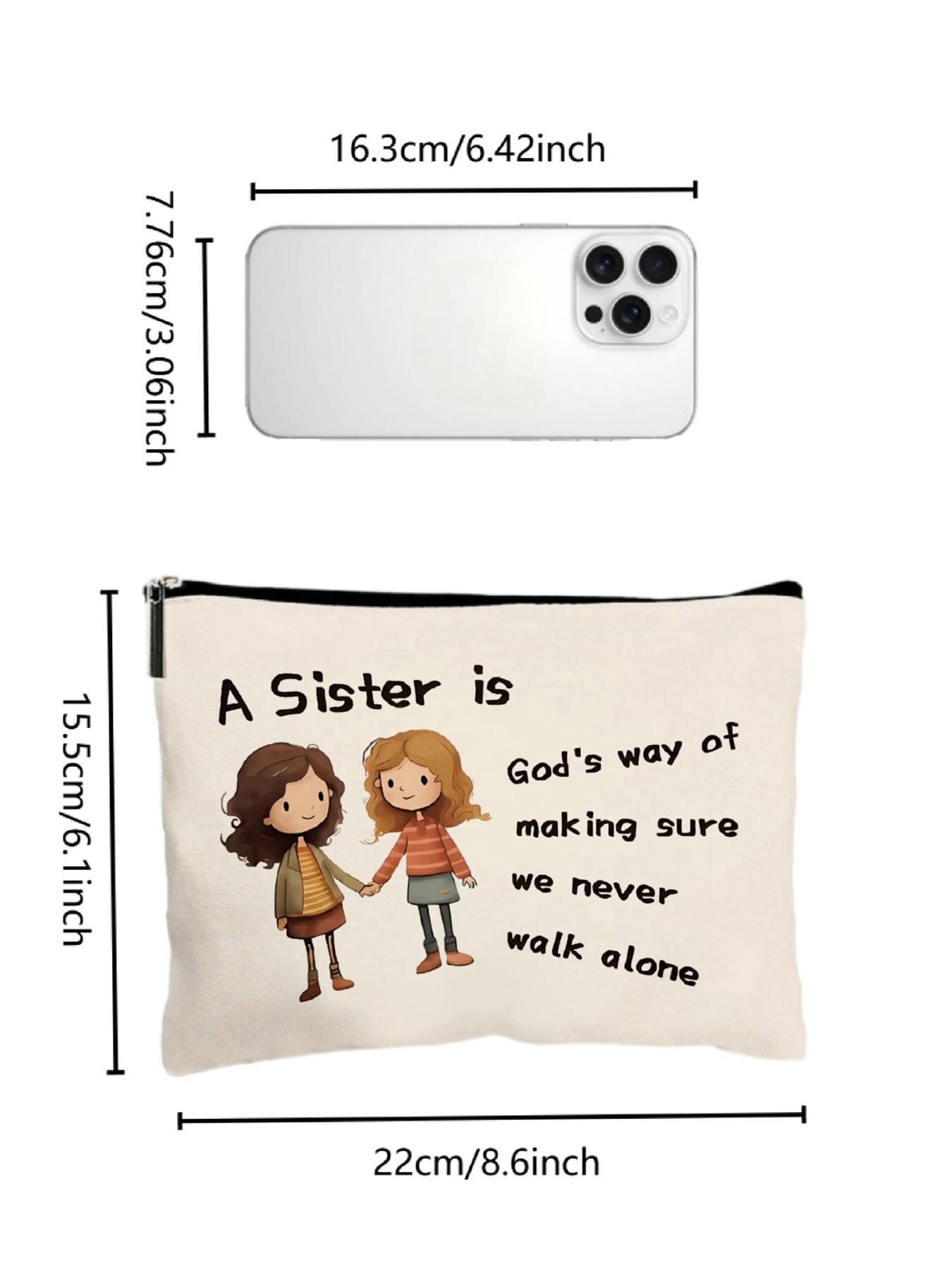 Warm Friend Theme Canvas Makeup Bag, Cartoon Sister Illustration, Zipper, Durable Fabric, Ideal for Daily Use and Travel Gifts