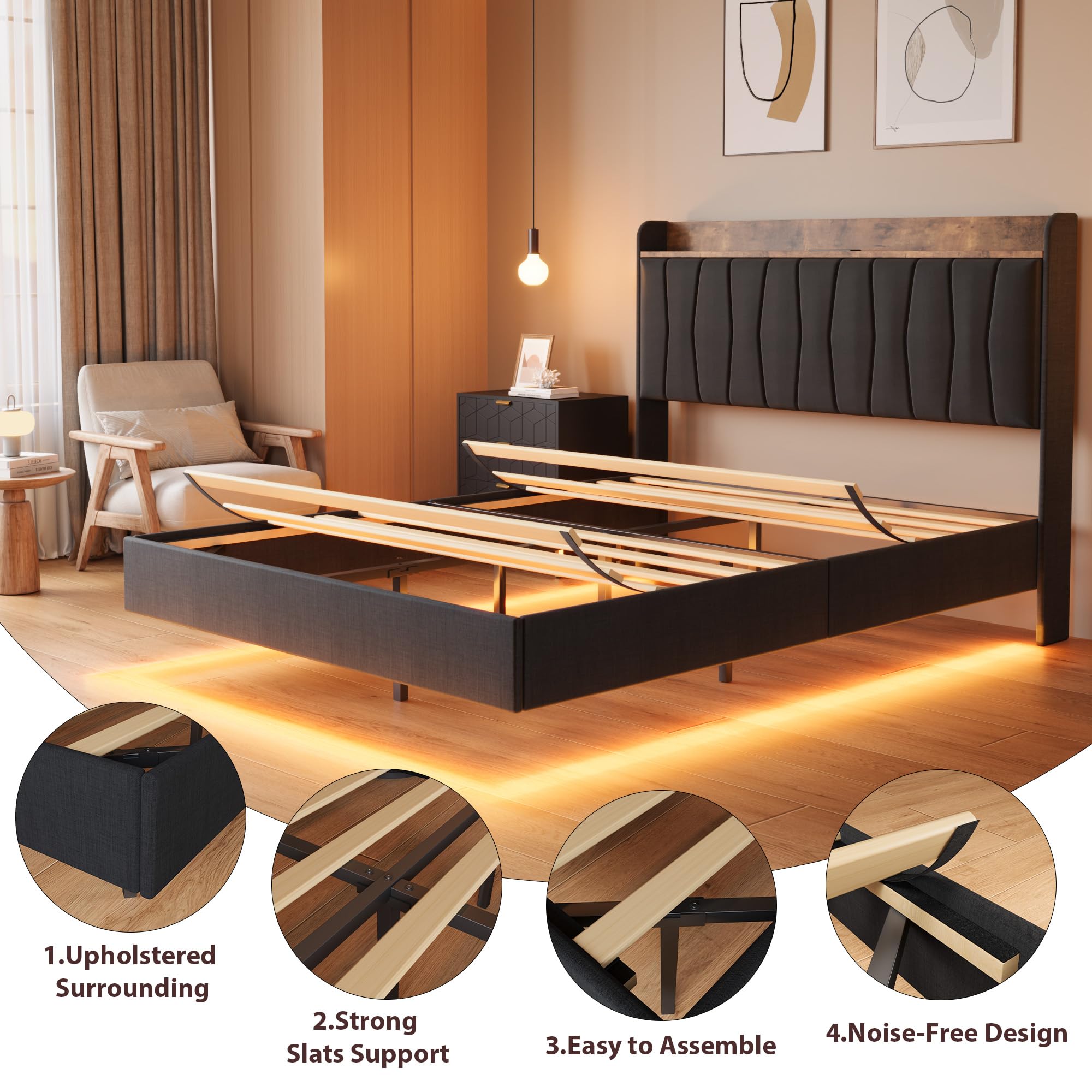 Floating Bed Frame with LED Lights & Charging Station, Upholstered Platform Bed with Storage Headboard, Wood Slats Support, No Box Spring Needed, Easy to Assemble Floating Bed Frame with LED Lights & Charging Station, Upholstered Platform Bed with Storage Headboard, Wood Slats Support, No Box Spring Needed, Easy to Assemble
