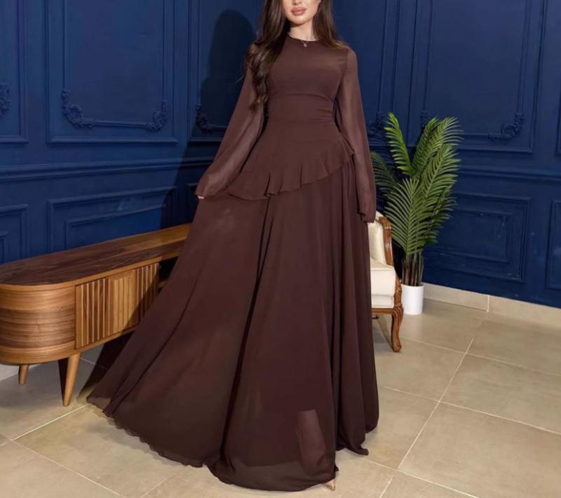 Women's Slim Round Neck Solid Bell Sleeve Floor Length Formal Garment - Polyester Blend, Elegant Fit, Ideal for Graduation, Formal Parties, Available in XXXL (Womens Dresses)