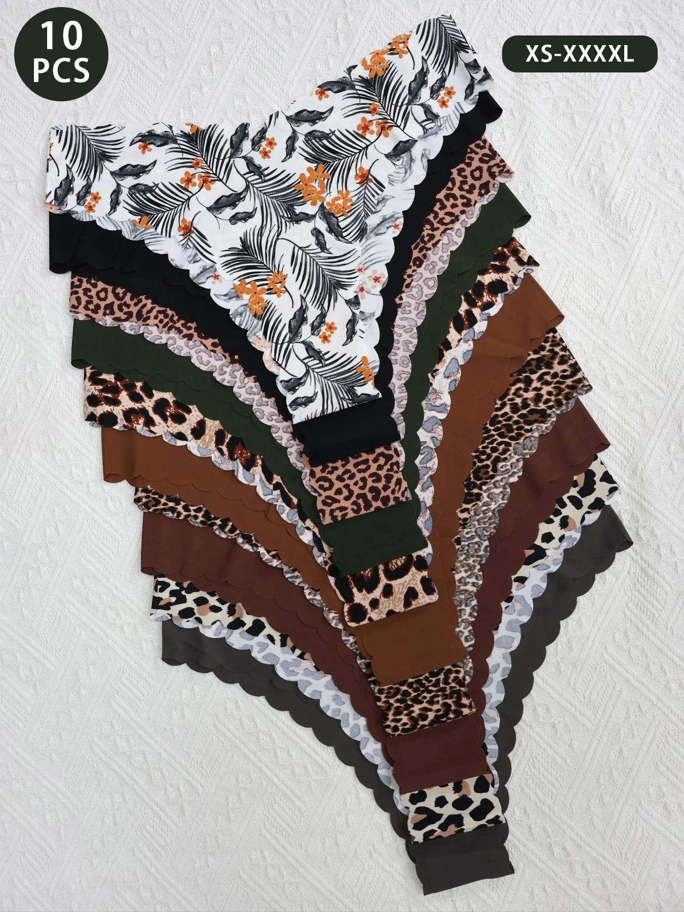 Women's Seamless Triangle Panties, 10 Pcs Set, Solid Color, Leopard Print & Floral, Comfortable One-Piece Design, V-Shape Waistband, Sporty Style