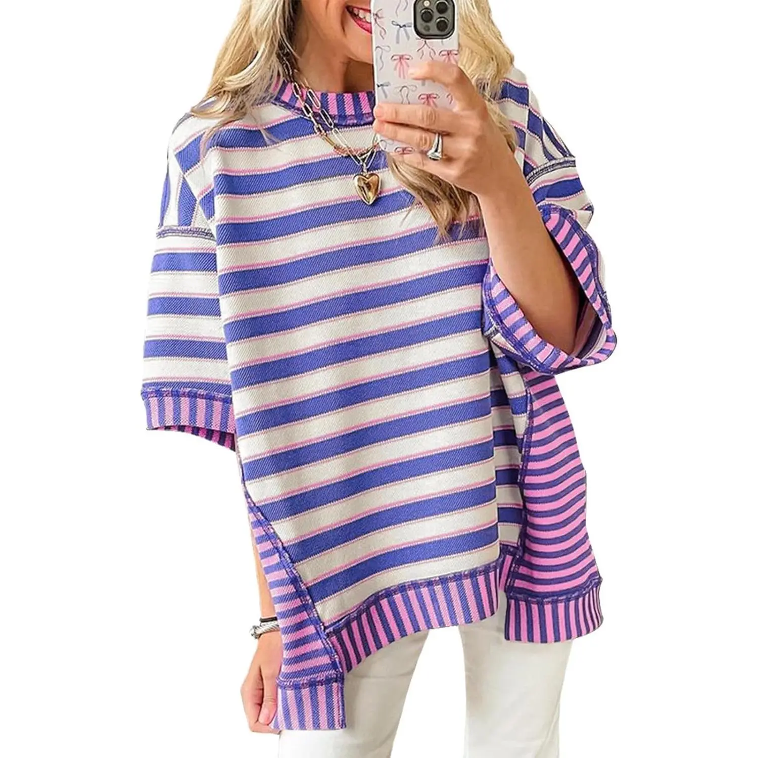 Imily Bela Womens Oversized Striped Shirt Summer Half Sleeve Tops Crew Neck Sweatshirts Casual Blouses