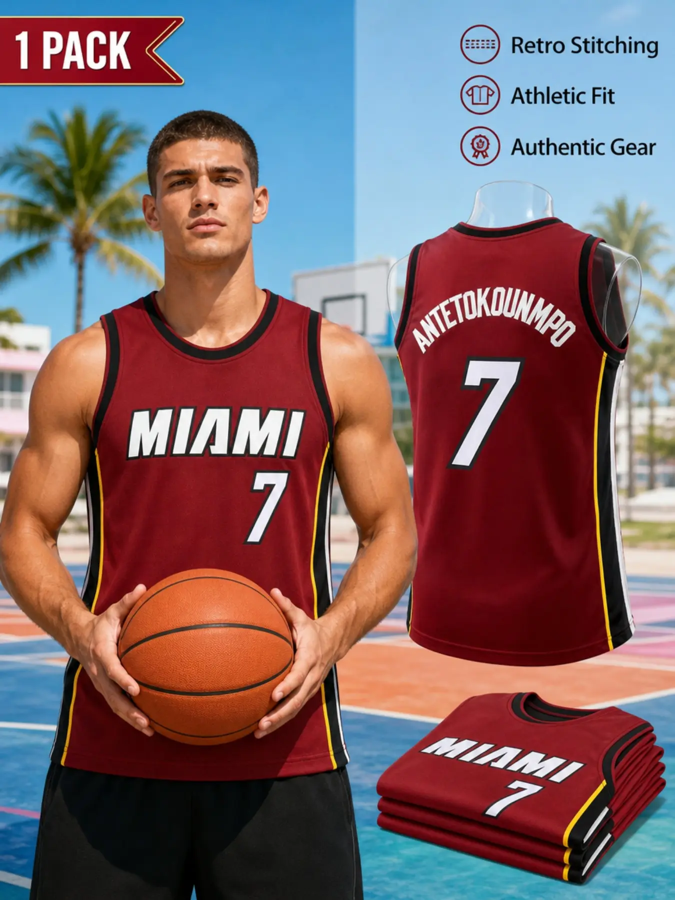 Men's Retro Miami #7 Basketball Jersey, Stitched Number Breathable Mesh Athletic Top, Classic Sleeveless Fan Apparel for Sports & Daily Casual Wear Training Jersey