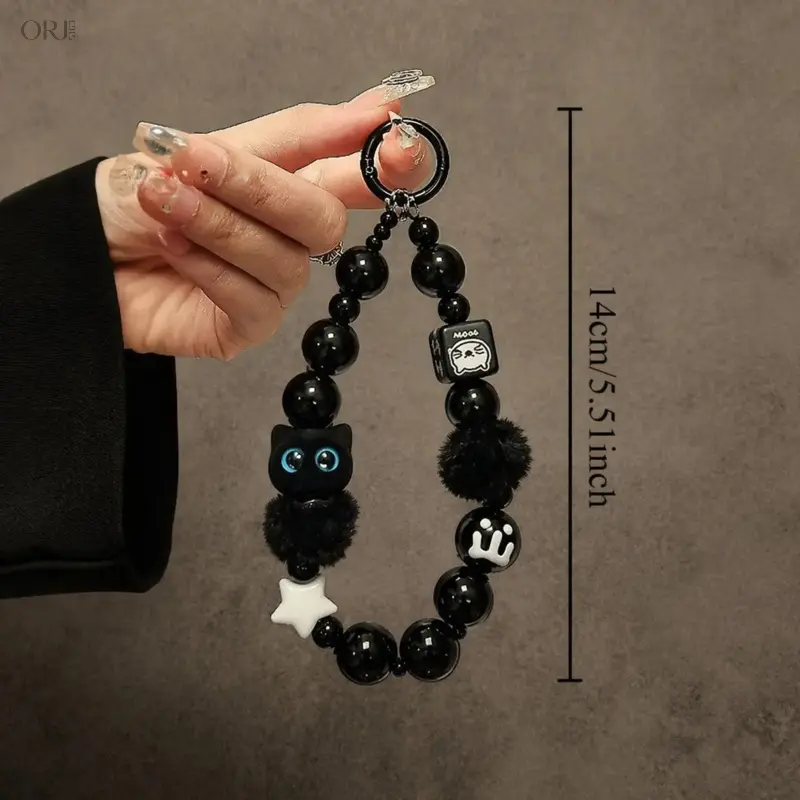 Cute Beaded Phone Wrist Strap, Black Cat Pattern Charm Hand Lanyard with Phone Tab